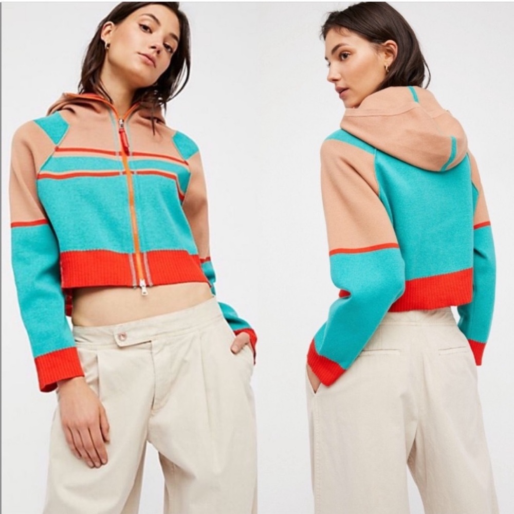 Free People Orange Tan & Teal Sweater Knit Full Zip Cropped Hoodie